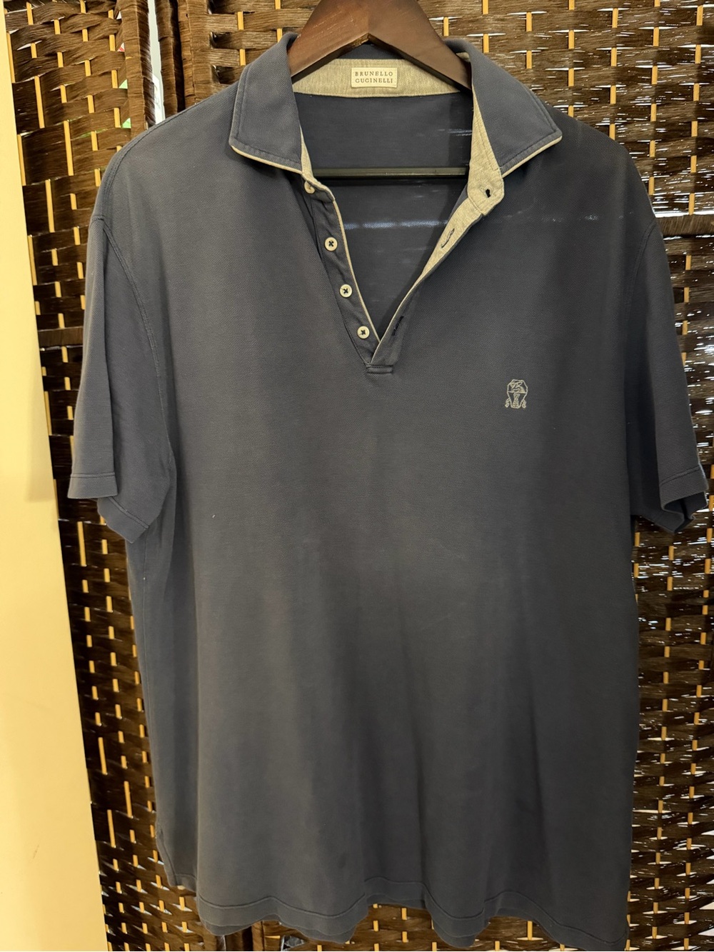 Brunello Cucinelli Navy Short-Sleeve Polo with Contrast Placket